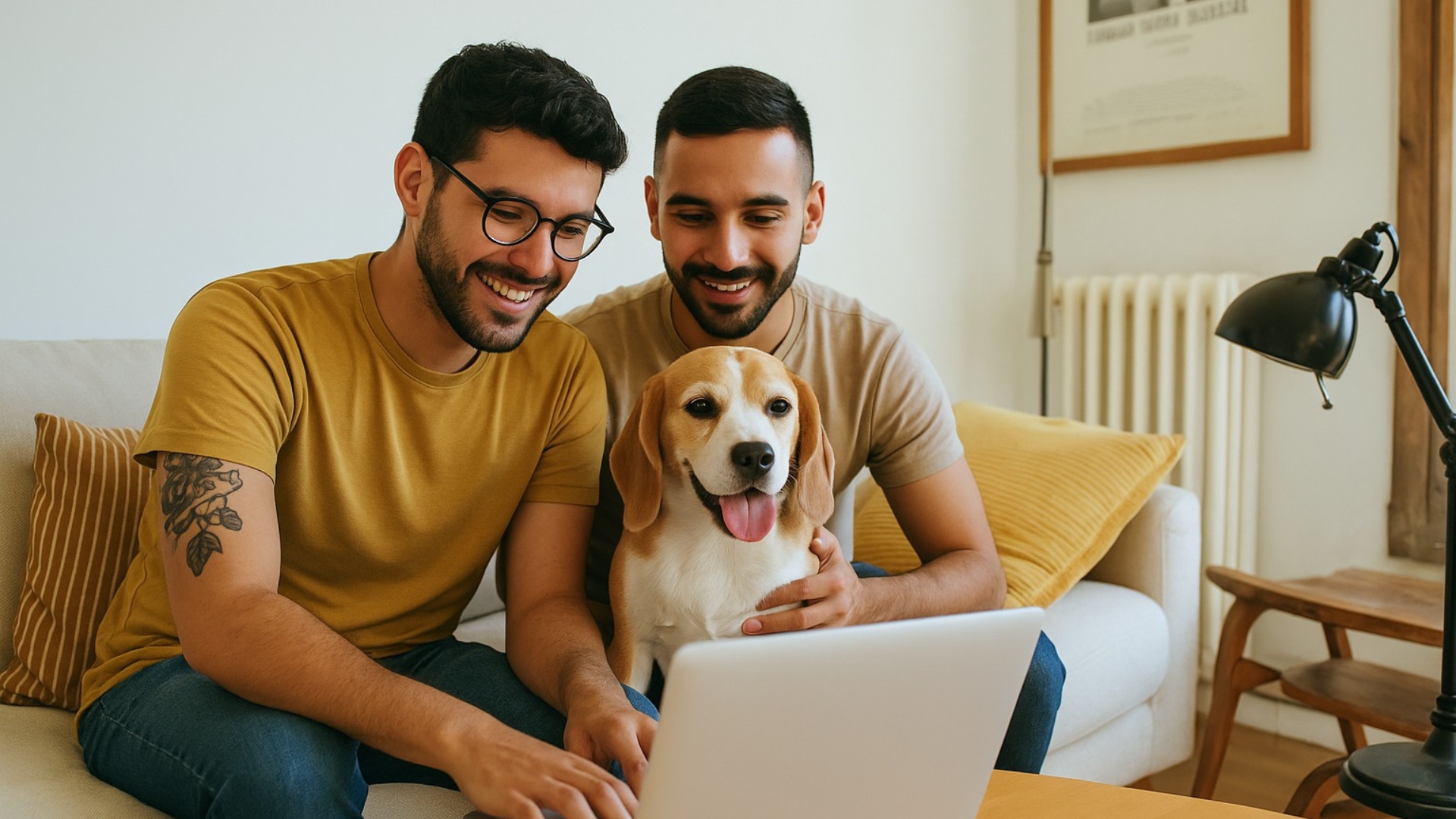 pareja con perrito mirando el ordenador